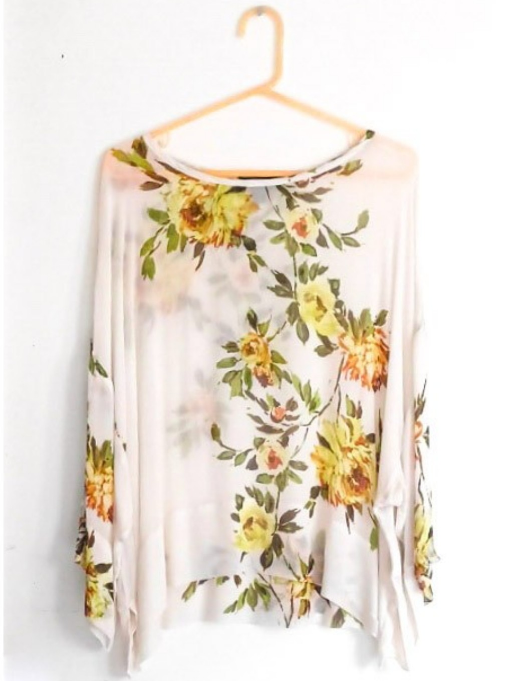 New Karen Kane Garden Party Ivory Rose Printed Sheer Bracelet Sleeve Blouse Xl